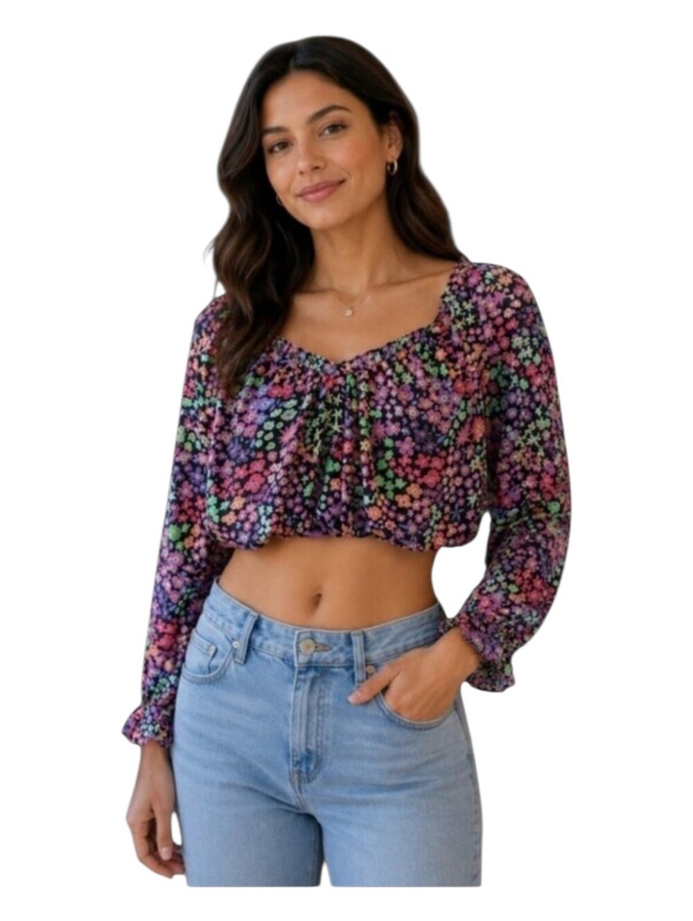Zara Cropped Floral Peasant Top in Black, Purple, Pink & Green